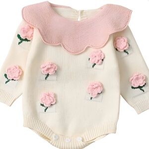 Shein Adorable Cream and Pink and Green Baby Romper Size 3-6 Months